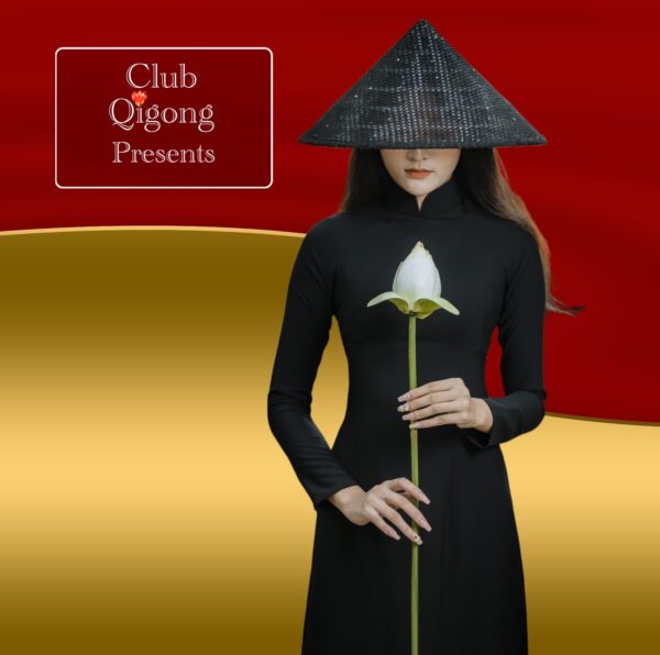 Woman holding flower for Anti-aging Course with words "Club Qigong Presents"