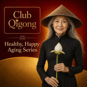Graceful older Japanese woman holding a white lotus beneath the title "Healthy, Happy Aging Series" by Club Qigong.