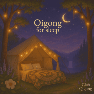 A cozy glamping tent at twilight with a soft glowing interior, surrounded by trees strung with fairy lights. Inside, a bed with pillows is covered by a floral quilt with circular patterns. In the distance, a peaceful lake and waterfall reflect the crescent moon under a starry purple sky.