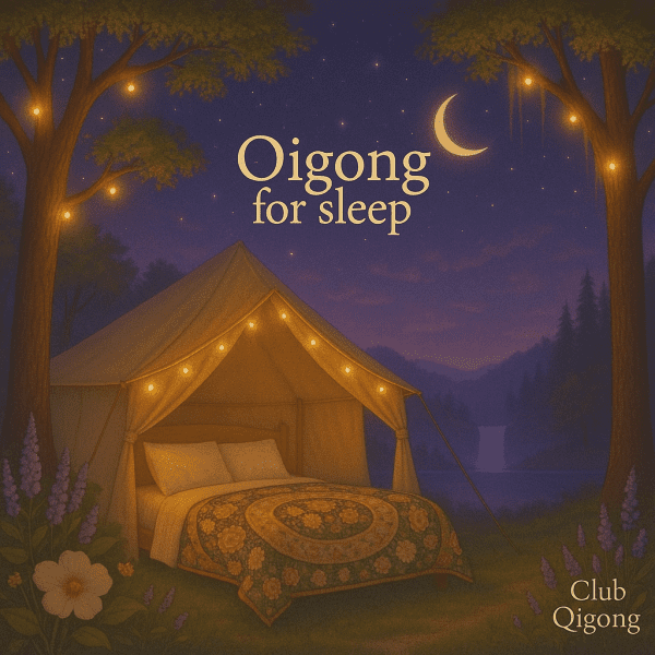 A cozy glamping tent at twilight with a soft glowing interior, surrounded by trees strung with fairy lights. Inside, a bed with pillows is covered by a floral quilt with circular patterns. In the distance, a peaceful lake and waterfall reflect the crescent moon under a starry purple sky.