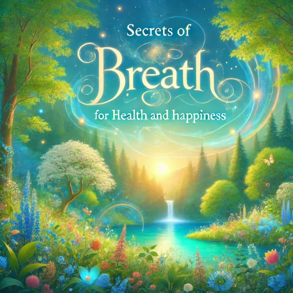 A lush and vibrant nature scene representing breath, health, and happiness. The background features soft blue and green tones with a rich forest.