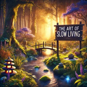 A lush and inviting nature scene representing 'The Art of Slow Living' with Zen elements. The environment is rich with vibrant greenery, blooming flow.
