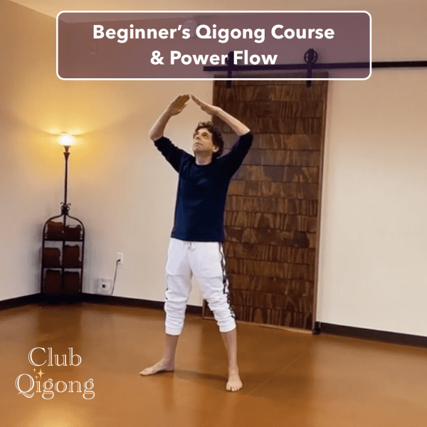 Joe Drummer Boy doing Qigong, with words: Beginner's Qigong Course & Power Flow