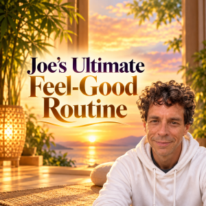Rendition of Joe in a white hoodie at sunset overlooking peaceful water, with the words “Joe’s Ultimate Feel-Good Routine.”