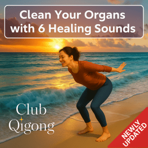 A woman practicing Qigong on a beach at sunrise, smiling as she leans forward with arms extended back. Text reads “Clean Your Organs with 6 Healing Sounds.” Logo at the bottom says “Club Qigong." In the corner it reads, "Newly Updated"