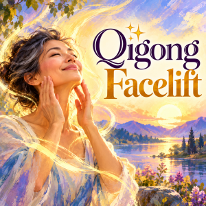Rendition of a woman practicing a gentle Qigong facial massage surrounded by flowing golden Qi, mountains, water, and warm sunlight, with the words “Qigong Facelift.”