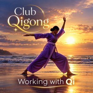 **Alt tag:** Rendition of a woman practicing Qigong on a beach at sunset, wearing flowing purple clothing, with the words “Club Qigong” and “Working with Qi.”