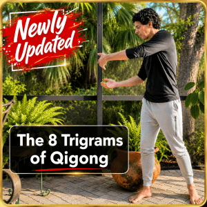 Joe practicing Qigong outdoors in a tropical garden setting with text reading βThe 8 Trigrams of Qigongβ and a red βNewly Updatedβ banner in the upper left corner.