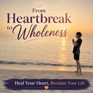 Joe stands quietly on a sandy beach at sunrise, hands in prayer position, as golden light reflects across the water. The image symbolizes healing heartbreak, inner peace, emotional resilience, and the journey toward wholeness.