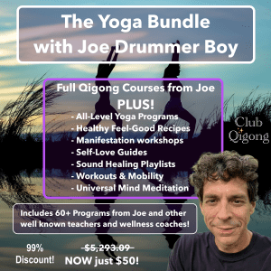Joe with the Yoga Bundle promo with two women doing qigong in the background.