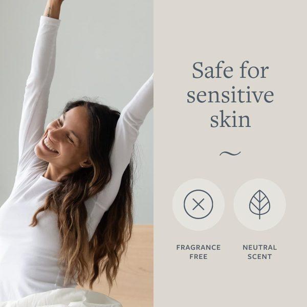 Woman celebrating, words: Safe for sensitive skin