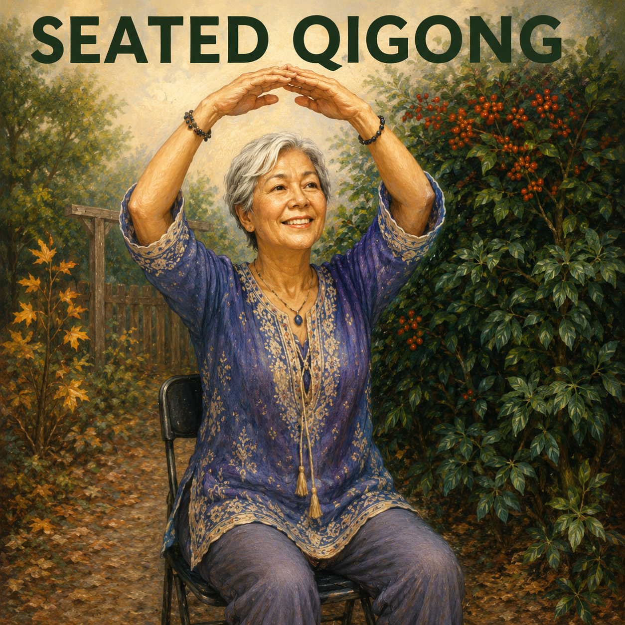 Seated Qigong for seniors with gentle exercises to improve balance, mobility, relaxation, and wellness. Image features an older woman practicing seated Qigong in a peaceful garden, wearing a blue and gold Asian-inspired blouse while performing gentle movements for balance, flexibility, and healthy aging.