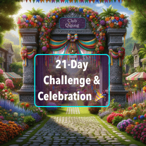 Festive gate with Joe and words "A 21-Day Challenge Celebration"