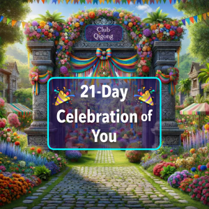 Illustration of a colorful garden entrance decorated with flowers and ribbons announcing a 21-Day Wellness Party and Celebration of You by Club Qigong.
