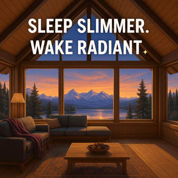 Cozy Cabin with words: Sleep Slimmer, Wake Radiant