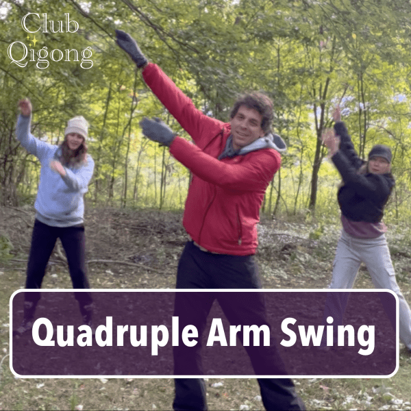 Joe and friends doing Qigong, Quadruple Arm Swing, in nature