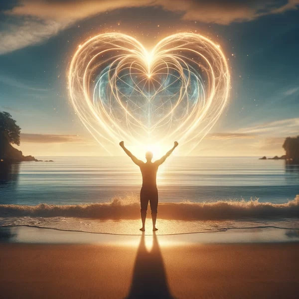Man on beach and heart above him
