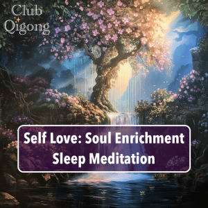 Tree over waterfall, with the words: self-love: sol, enrichment, sleep, meditation
