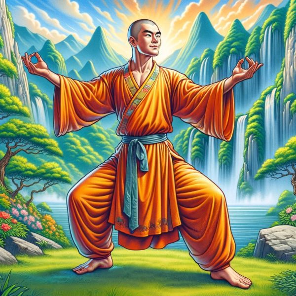 Monk doing Shaolin Standing by mountains.