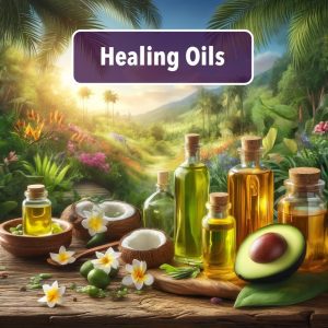 Avocado, coconut, and other oils, in nature, with the words: healing oils