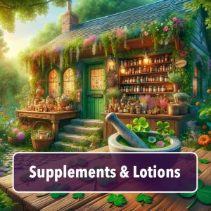 Apothecary in nature with herbal supplements, vitamins and lotions with words: supplements and lotions