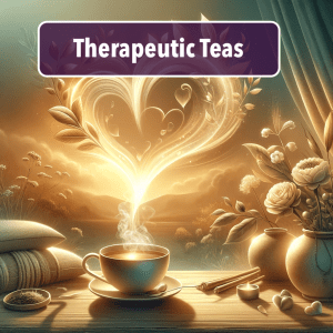 A tea with steam swirling into the shape of a heart with the words: therapeutic teas