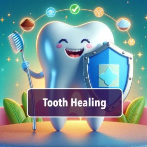 A happy tooth, holding a toothbrush and shield with mineralization symbols around it, and the words: tooth healing