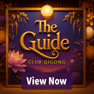 A refined square promotional graphic for Club Qigong’s “The Guide”. The centerpiece is elegant golden lettering against a smooth twilight-purple gradient background. A glowing paper lantern hangs above, casting warm light. Soft botanical accents frame the edges—lotus blossoms, golden leaves, and subtle floral patterns—blending seamlessly with the background for a unified, modern feel. At the bottom, a clean, rounded “View Now” button in deep purple with white text stands out clearly, harmonizing with the overall design.