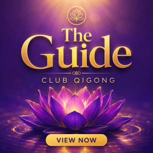 The Guide by Club Qigong featuring a glowing purple lotus, elegant gold lettering, and a "View Now" button on a bright purple background.