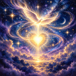 Rendition of a luminous dove soaring through a starry indigo sky above a radiant golden heart, surrounded by swirling celestial light, stars, and glowing clouds.