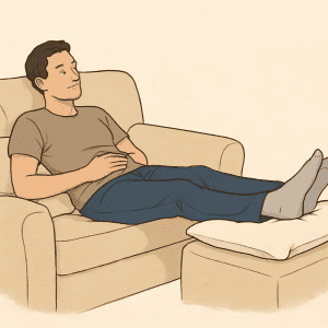 Man sitting with legs on ottoman.