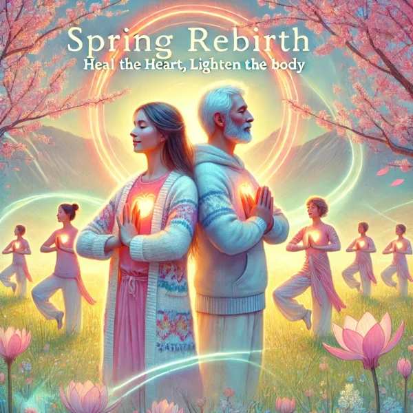 A soft, colorful springtime illustration with a man and woman with hands in prayer position over heart, and people in background doing Qigong, titled 'SPRING REBIRTH_ Heal the Heart, Lighten the Body' with large, glowing, elegant text and swirling light.