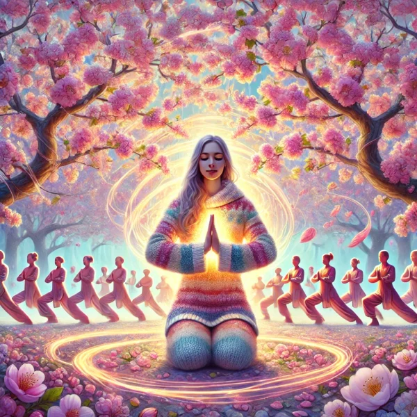 A soft, colorful springtime illustration titled 'SPRING REBIRTH_ Heal the Heart, Lighten the Body' with large, glowing, elegant text and swirling light