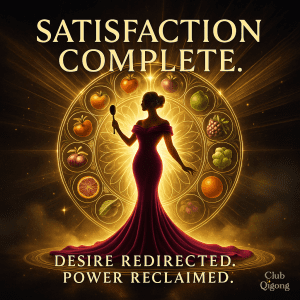 Woman staring at spoon with circle of food around her.