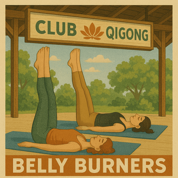 Women doing ab flow on a yoga mats in a sunlit grassy scene. A wooden 'Club Qigong' sign featuring a lotus flower hangs above.