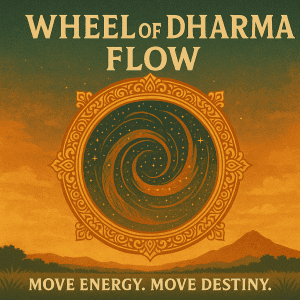Vintage-style poster of the 'Wheel of Dharma Flow' featuring an ornate, Asian-inspired cosmic portal wheel set against a golden sunset landscape with the tagline 'Move Energy. Move Destiny.