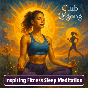 A vibrant, surreal-style illustration of a fit young woman meditating outdoors at sunrise, seated cross-legged with her eyes closed and wearing a blue sports bra and purple leggings. Behind her, a glowing golden sun radiates light, and in the background, the silhouette of a running woman appears within a smaller sun. The image has “Club Qigong” written in the top right corner and a purple banner at the bottom reading “Inspiring Fitness Sleep Meditation.”