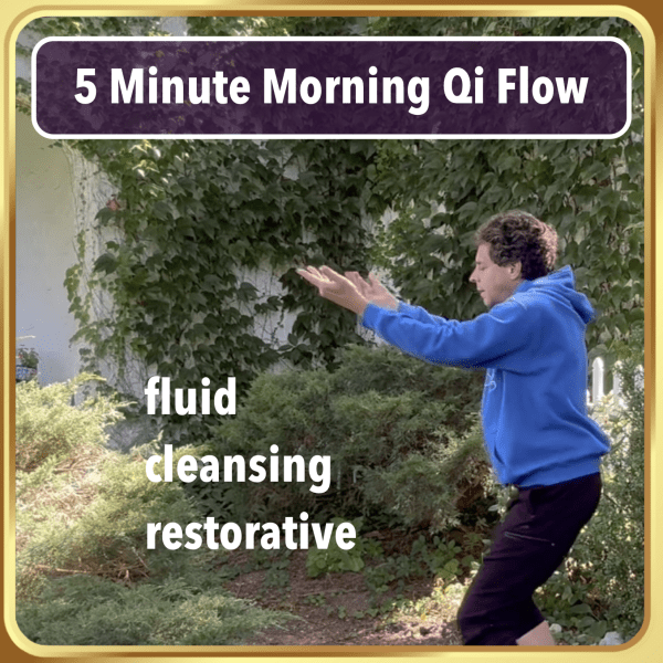 Joe practicing a 5 Minute Morning Qi Flow outdoors, wearing a blue hoodie and black pants, arms gently raised in a flowing Qigong posture, surrounded by garden greenery with text overlay: ‘fluid, cleansing, restorative.'