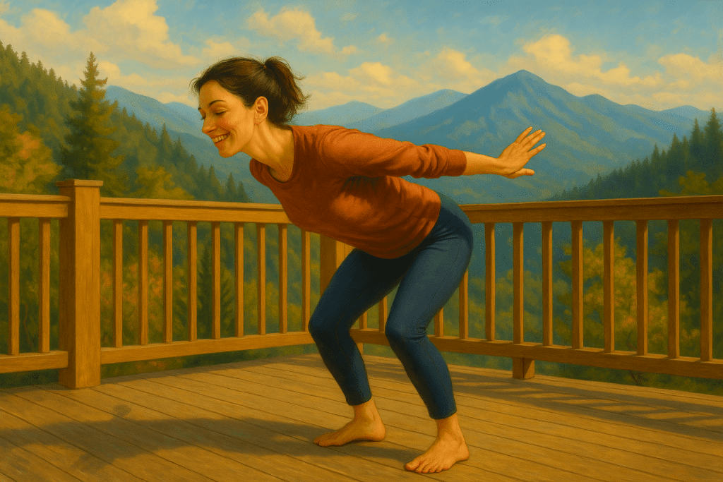 A smiling woman in modern casual clothes practices the Qigong posture “Throwing Out Trash” on a wooden deck. She bends forward with knees slightly bent, arms extended back, palms facing down. Behind her, a majestic mountain range rises under a bright blue sky with scattered clouds, surrounded by lush green forest. The scene feels joyful, serene, and empowering.