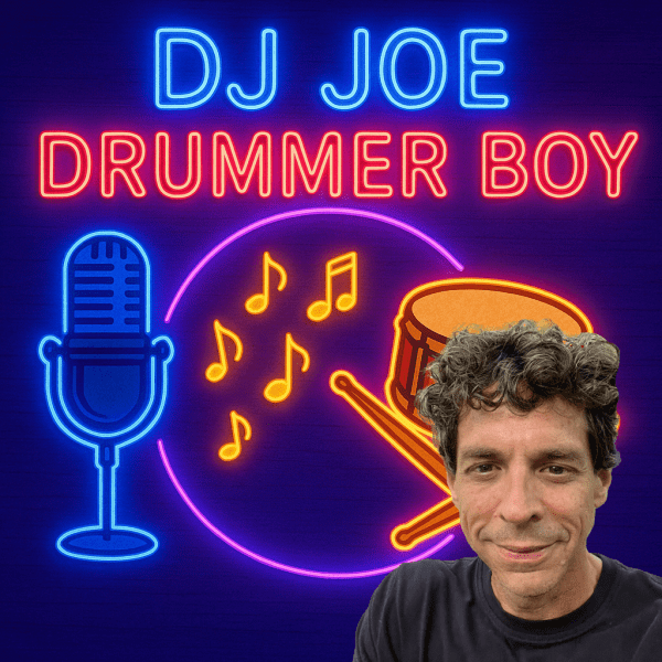 Album cover-style image for DJ Joe Drummer Boy featuring Joe, a smiling man with curly hair, in front of a neon backdrop with glowing blue, red, purple, and orange lights. The design includes a microphone, musical notes, and a drum with crossed sticks beneath the bright neon text ‘DJ Joe Drummer Boy.’