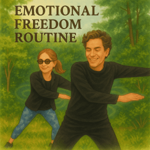 Watercolor-style illustration of Joe and Melissa practicing Qigong outdoors. Both are smiling and moving in sync, with arms swooping gracefully to the right. Melissa wears sunglasses and patterned leggings, while Joe is in a black outfit. The background shows lush green trees and flowing energy waves, with the words ‘Emotional Freedom Routine’ at the top.