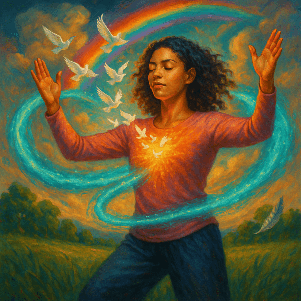 A surreal fantasy-style painting of a serene woman with curly hair practicing Qigong outdoors. Her eyes are closed, and her arms are raised in balance. Glowing turquoise energy swirls around her body, doves emerge from a radiant light in her chest, and a rainbow arcs across a glowing sky. The background shows soft green fields and trees, symbolizing healing, freedom, and emotional release.