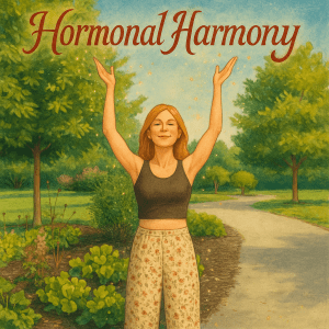A serene woman stands in a garden path with arms raised joyfully in a “V” pose, wearing floral pants and a dark tank top. The words “Hormonal Harmony” appear above her in elegant script, surrounded by lush green trees and golden sparkles that suggest balance and vitality.