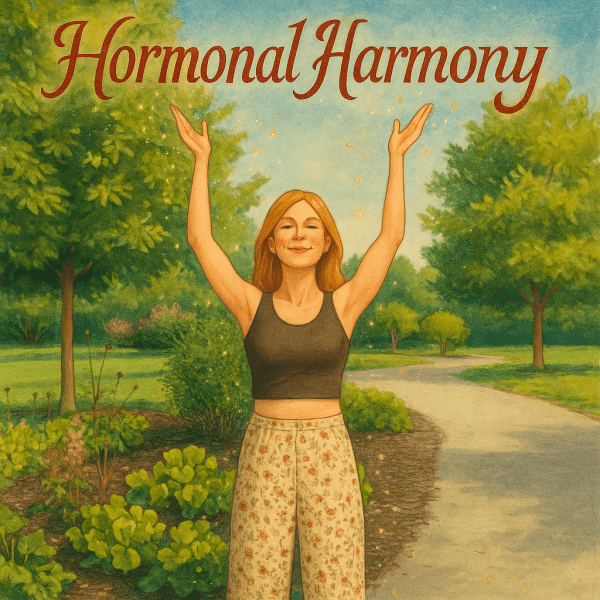 A serene woman stands in a garden path with arms raised joyfully in a “V” pose, wearing floral pants and a dark tank top. The words “Hormonal Harmony” appear above her in elegant script, surrounded by lush green trees and golden sparkles that suggest balance and vitality.