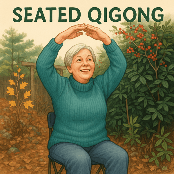 Smiling older woman practicing Seated Qigong outdoors, raising her arms in a flowing movement while sitting on a chair, surrounded by autumn leaves and garden plants.