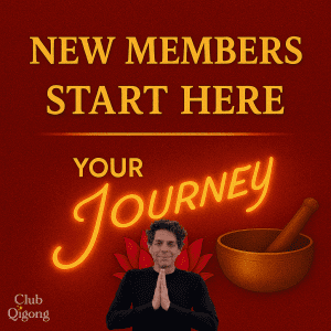 Joe Moody standing with hands in a prayer position, smiling warmly beneath golden text that reads “New Members Start Here – Your Journey,” with a glowing lotus and singing bowl beside him, symbolizing the welcoming spirit of Club Qigong.