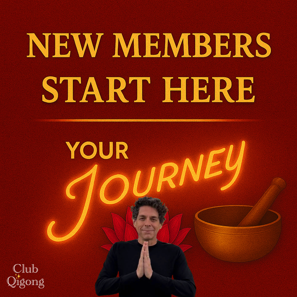 Joe Moody standing with hands in a prayer position, smiling warmly beneath golden text that reads βNew Members Start Here β Your Journey,β with a glowing lotus and singing bowl beside him, symbolizing the welcoming spirit of Club Qigong.