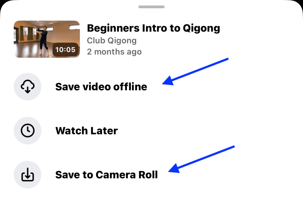 Vimeo mobile app menu showing options Save video offline, Watch Later, and Save to Camera Roll