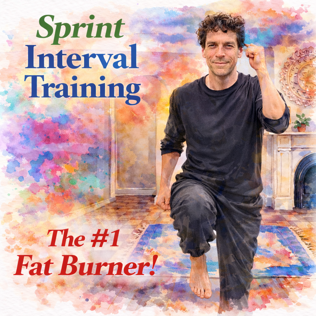 Joe demonstrating sprint interval training exercise indoors, promotional artwork titled βSprint Interval Training β The #1 Fat Burner!β