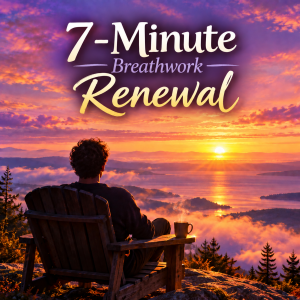 Rendition of a peaceful sunrise overlooking a misty mountain lake, with a silhouetted man relaxing in a wooden chair beside a steaming mug. Text reads “7-Minute Breathwork Renewal.”